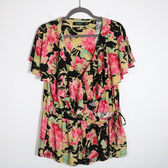 Lauren Ralph Lauren Floral Ruffle Trim Surplice Jersey Top Women XL Wrap Stretch - Picture 2 of 7